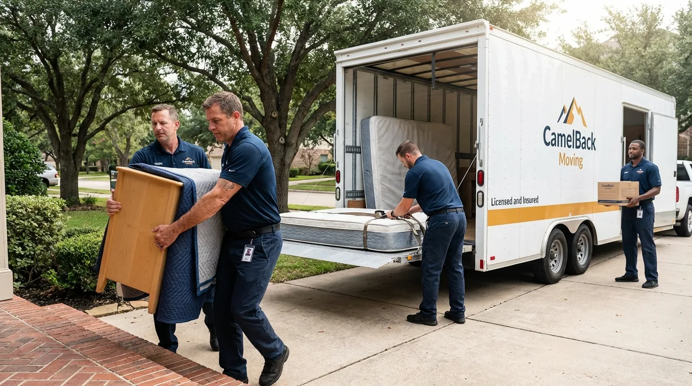 Crew loading residential truck for cross-state move from Monticello, FL