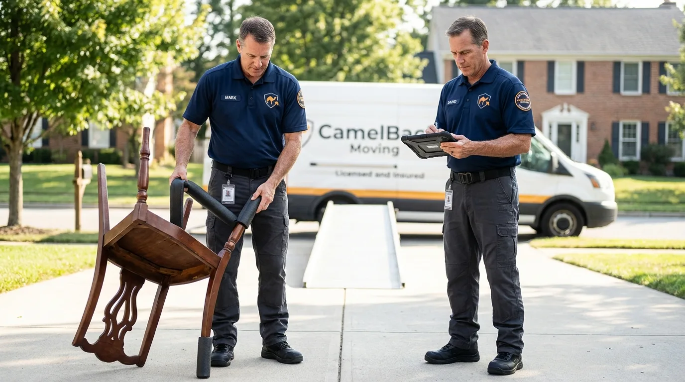 Movers inspecting furniture for damage prevention before loading in Monticello, FL